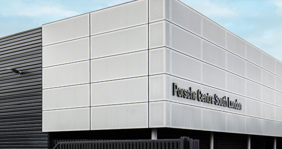 Porsche Centre South London Industrial Cladding - Camclad Cambridge - car dealership cladding - Kingspan - Euroclad - East Anglia - UK